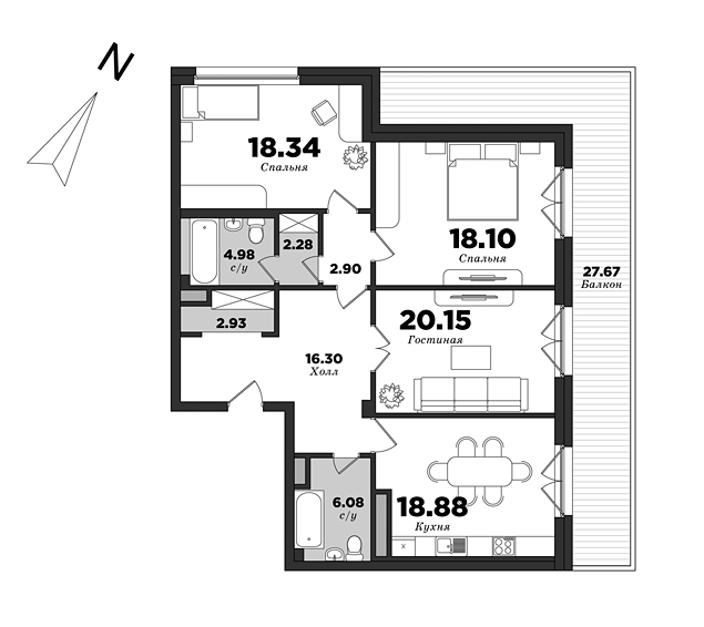 Krestovskiy De Luxe, Building 8, 3 bedrooms, 119.24 m² | planning of elite apartments in St. Petersburg | М16